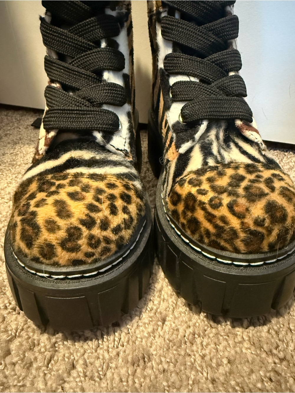 Party animal zebra cheetah , cheetah print furry combat platform Boots - Picture 2 of 3